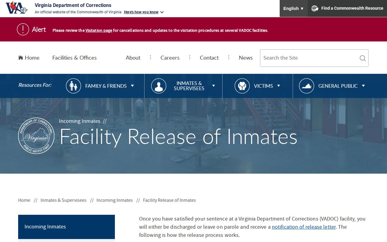 Virginia Department of Corrections release letter and logistics for Patrick County cases