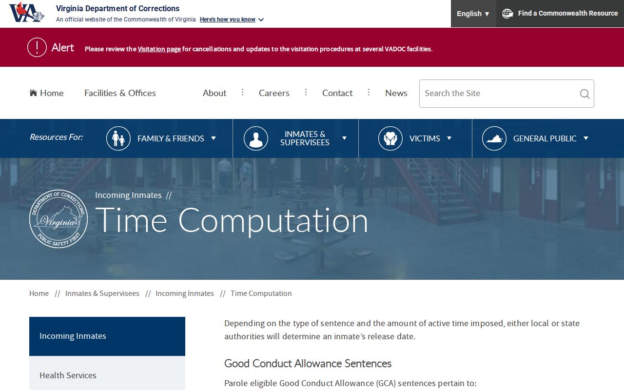 Patrick County projected release date VADOC time computation page